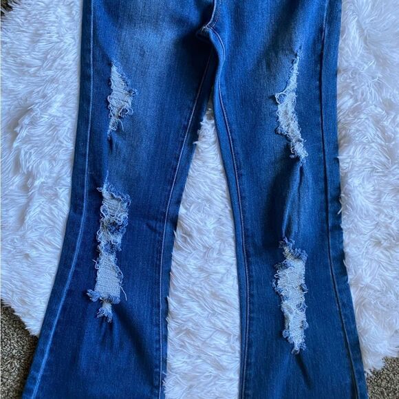 Nina Rossi Jeans Super High Rise Flare Long New Distressed Women’s Size 7 - Picture 5 of 10